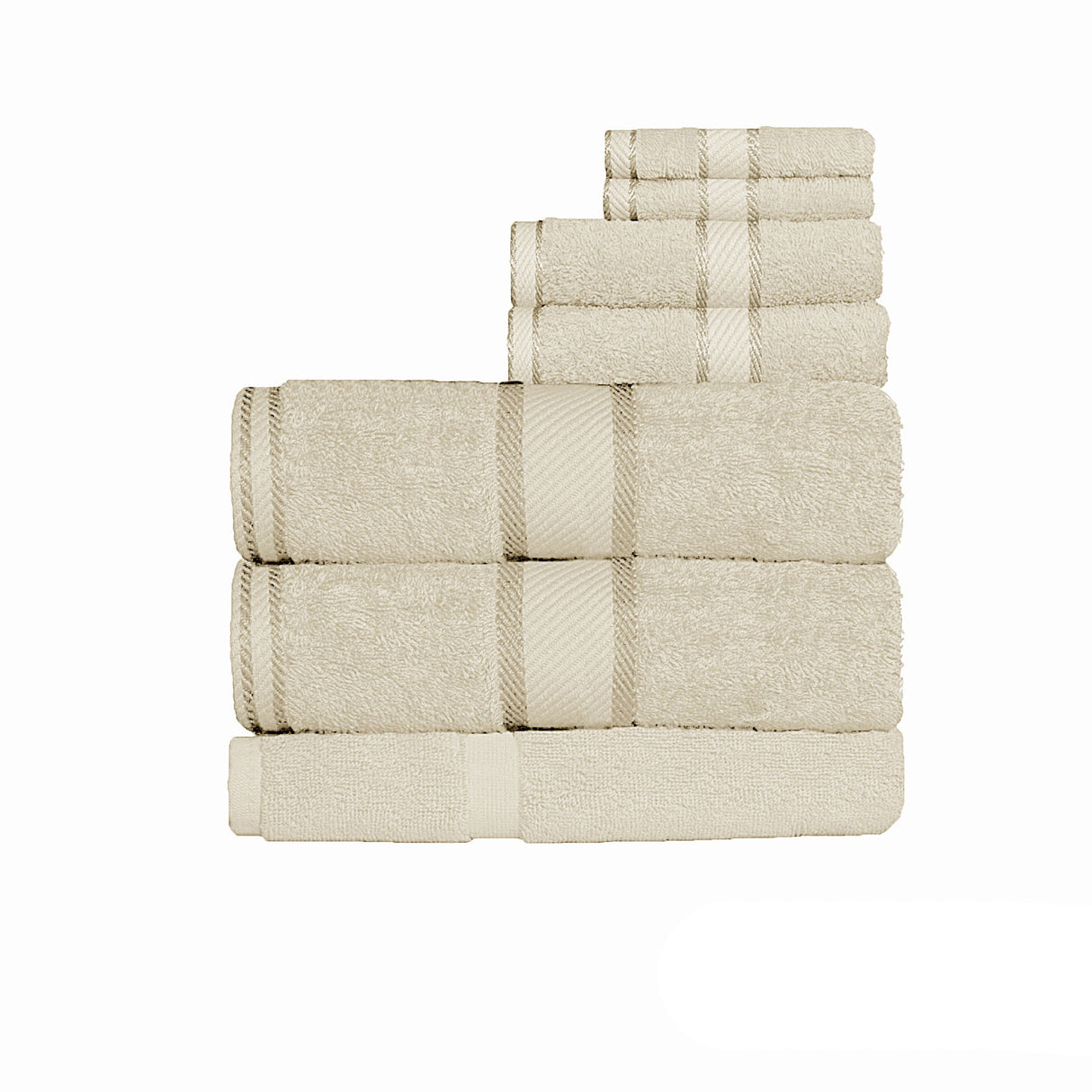 Linen coloured seven piece 550 gsm cotton bath sheet set with bath sheets, hand towels, face washers and bath mat