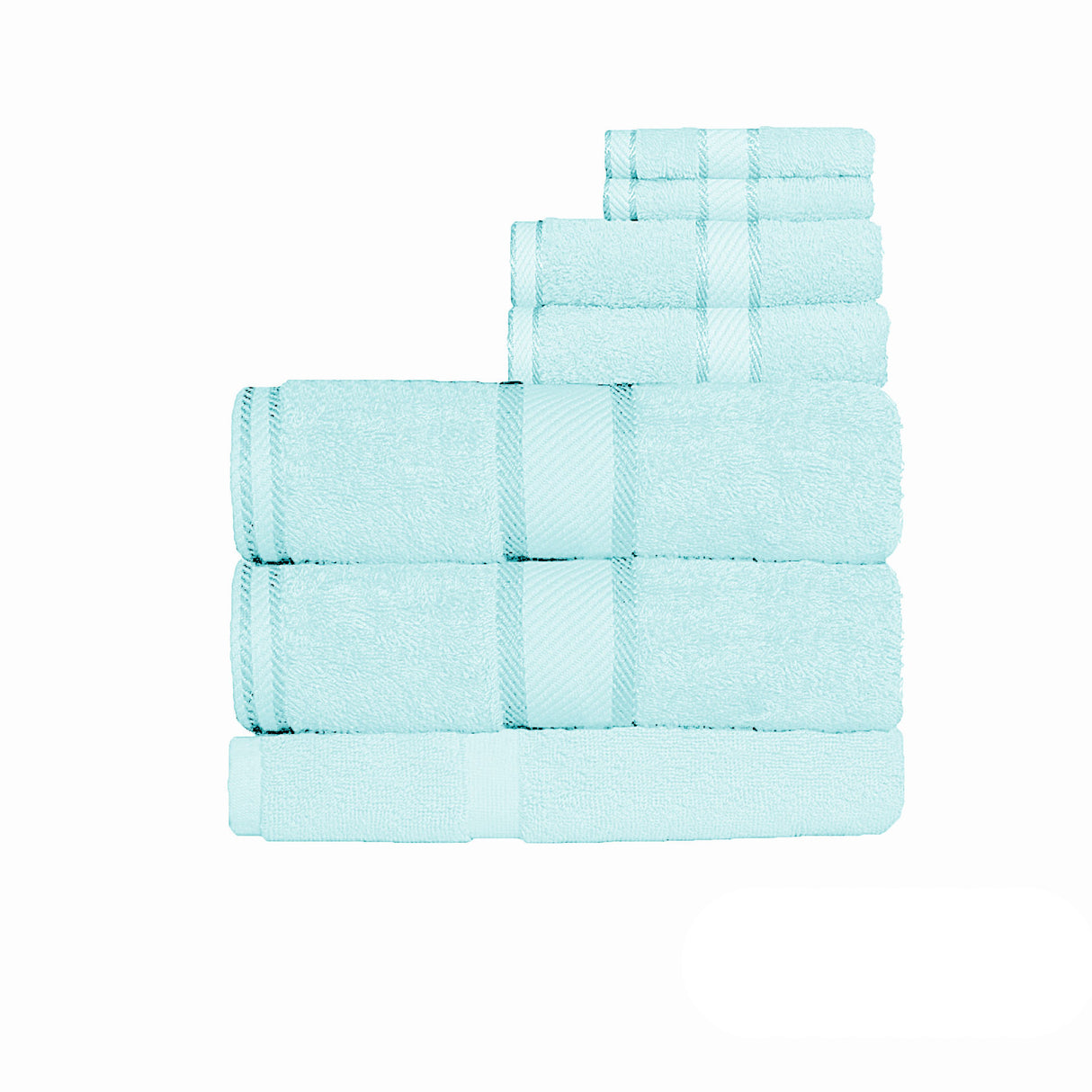 Seven piece cotton bath sheet set in Soft Aqua with bath sheets, hand towels, face washers and bath mat