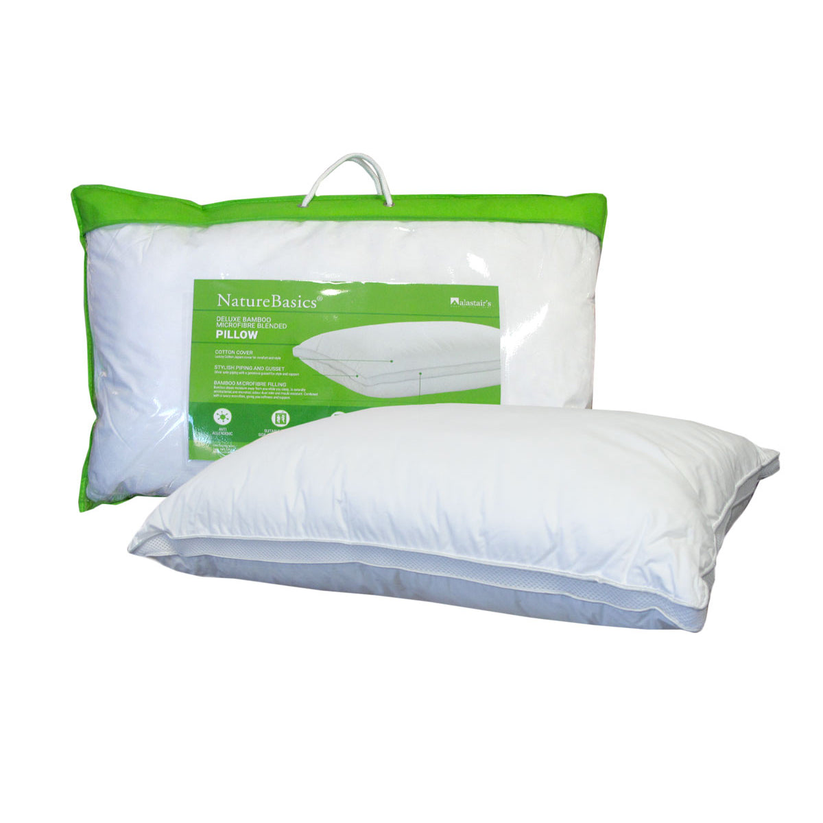 Alastairs 1000gsm Deluxe Bamboo Microfibre Pillow — Anti-Allergenic, Side and Back — Allure Home Collections