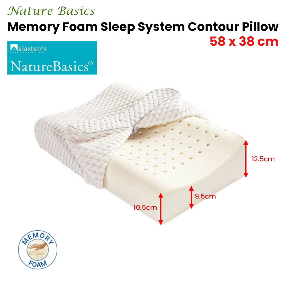 Alastairs Nature Basics Memory Foam Contour Pillow — 38x58cm, Ergonomic Support — Allure Home Collections