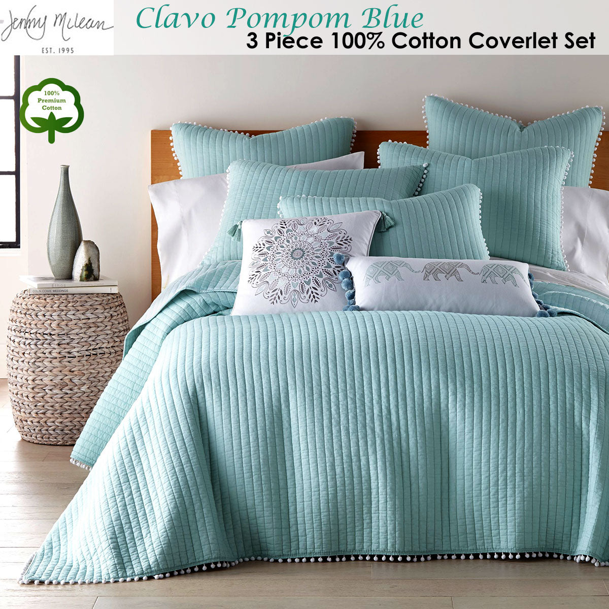 Ebrington Cotton Coverlet Set, Super King, Blue