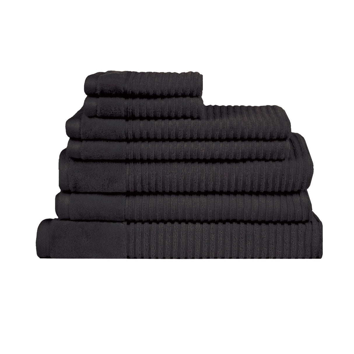 Black striped cotton seven piece towel set with bath towels, hand towels, face washers and bath mat