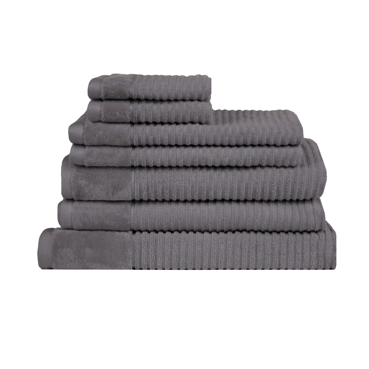 Charcoal striped cotton seven piece towel set with fluffy bath towels, hand towels, face washers and bath mat