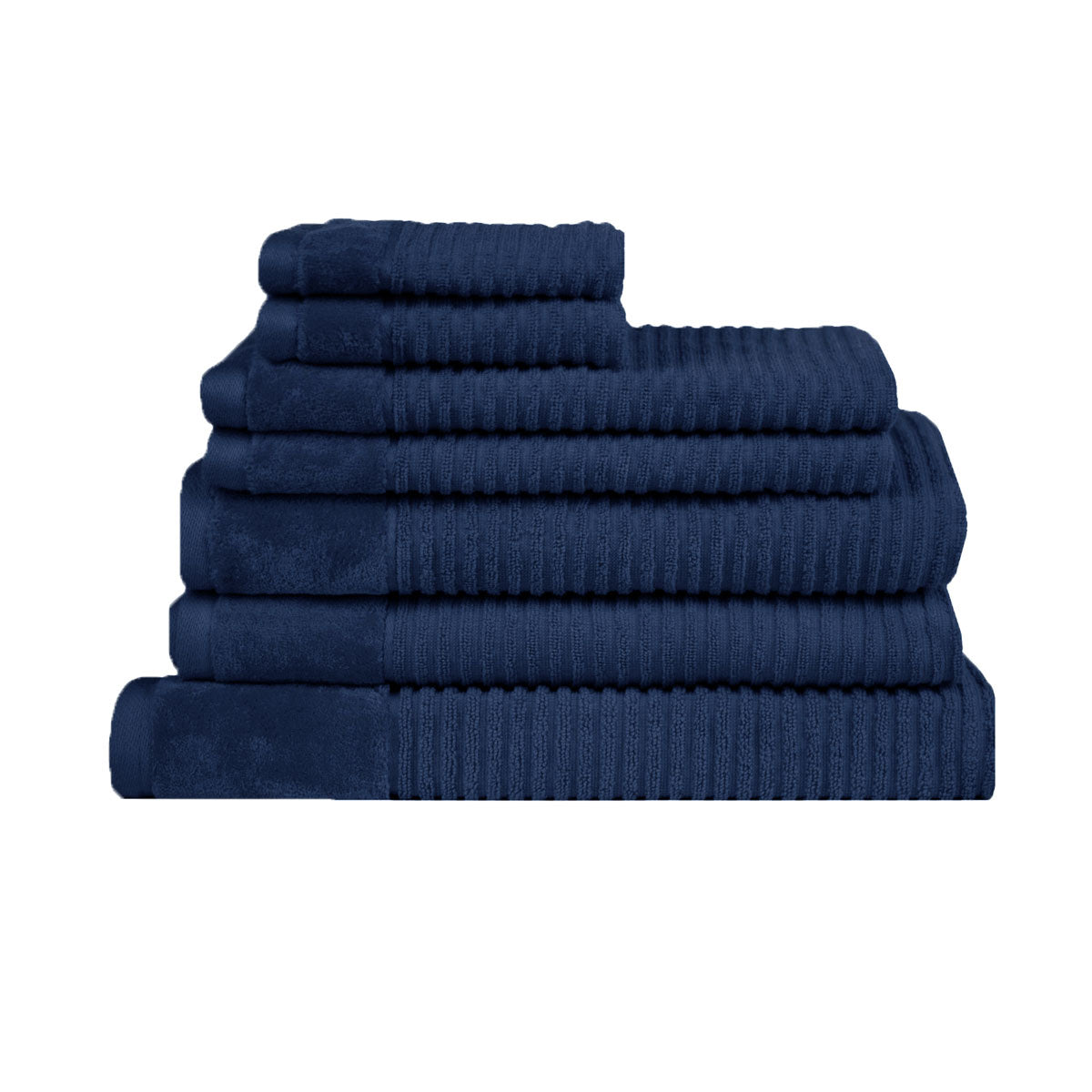Navy striped cotton seven piece towel set with fluffy bath towels, hand towels, face washers and bath mat
