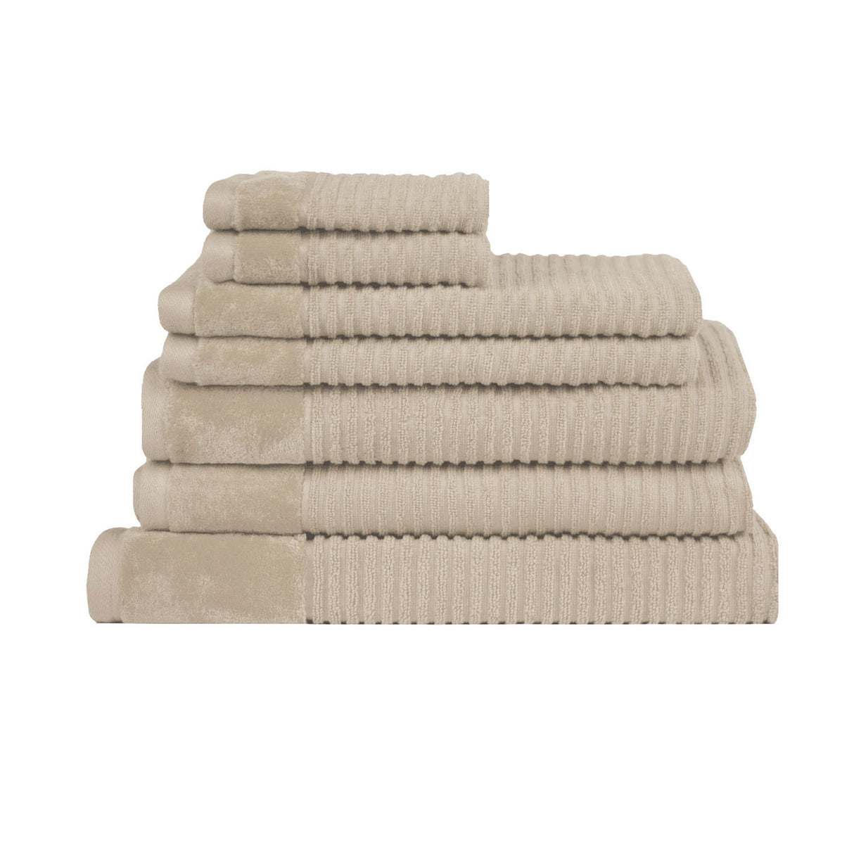 Plaster toned striped cotton seven piece towel set with bath towels, hand towels, face washers and bath mat