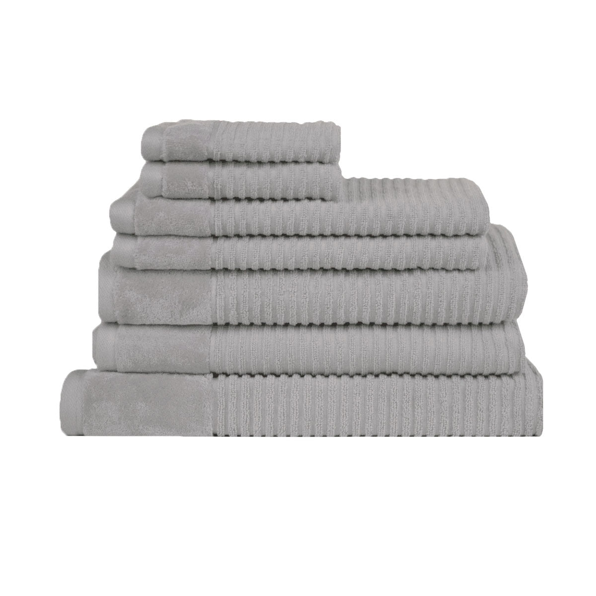 Silver grey striped cotton seven piece towel set with bath towels, hand towels, face washers and bath mat