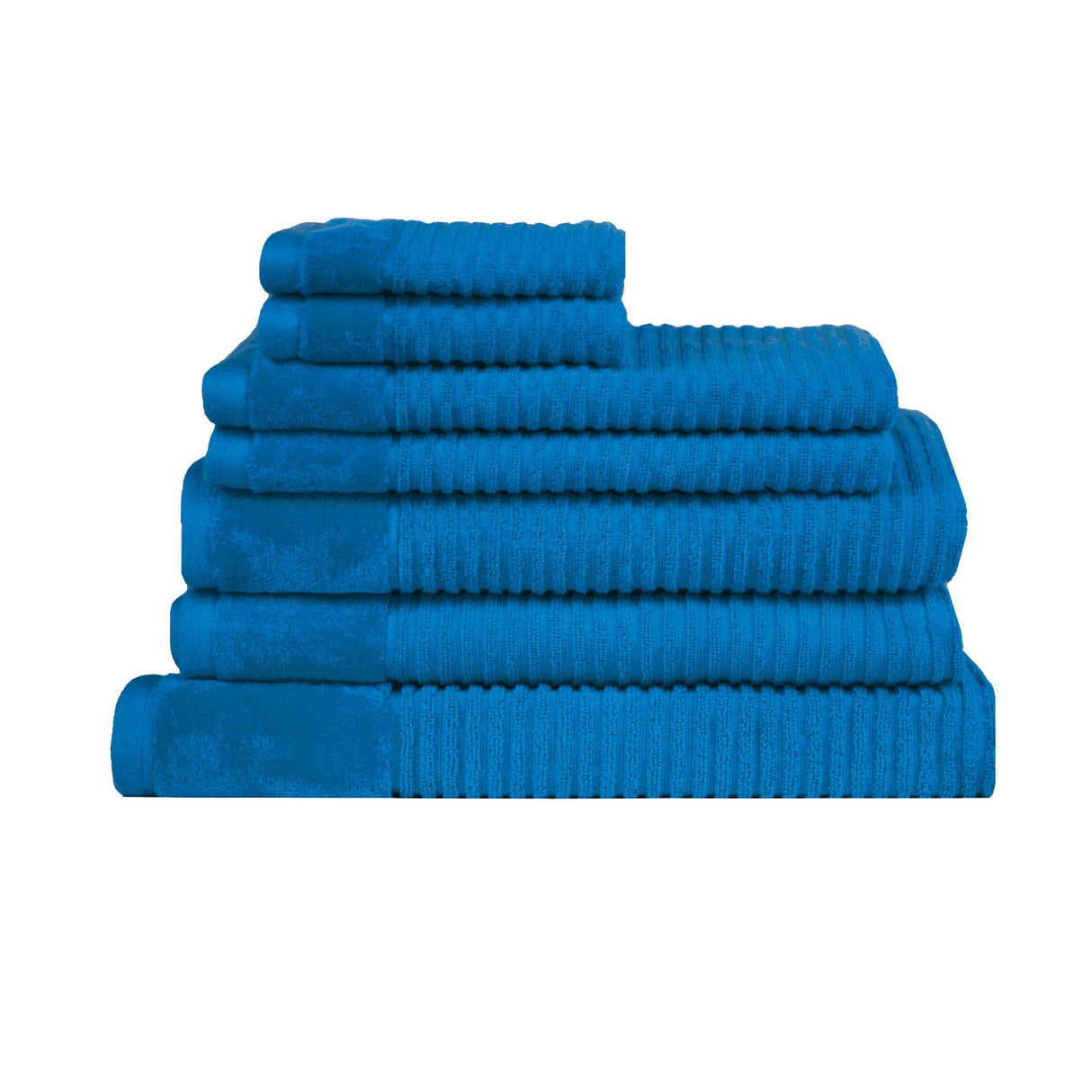Teal striped cotton seven piece towel set with bath towels, hand towels, face washers and bath mat