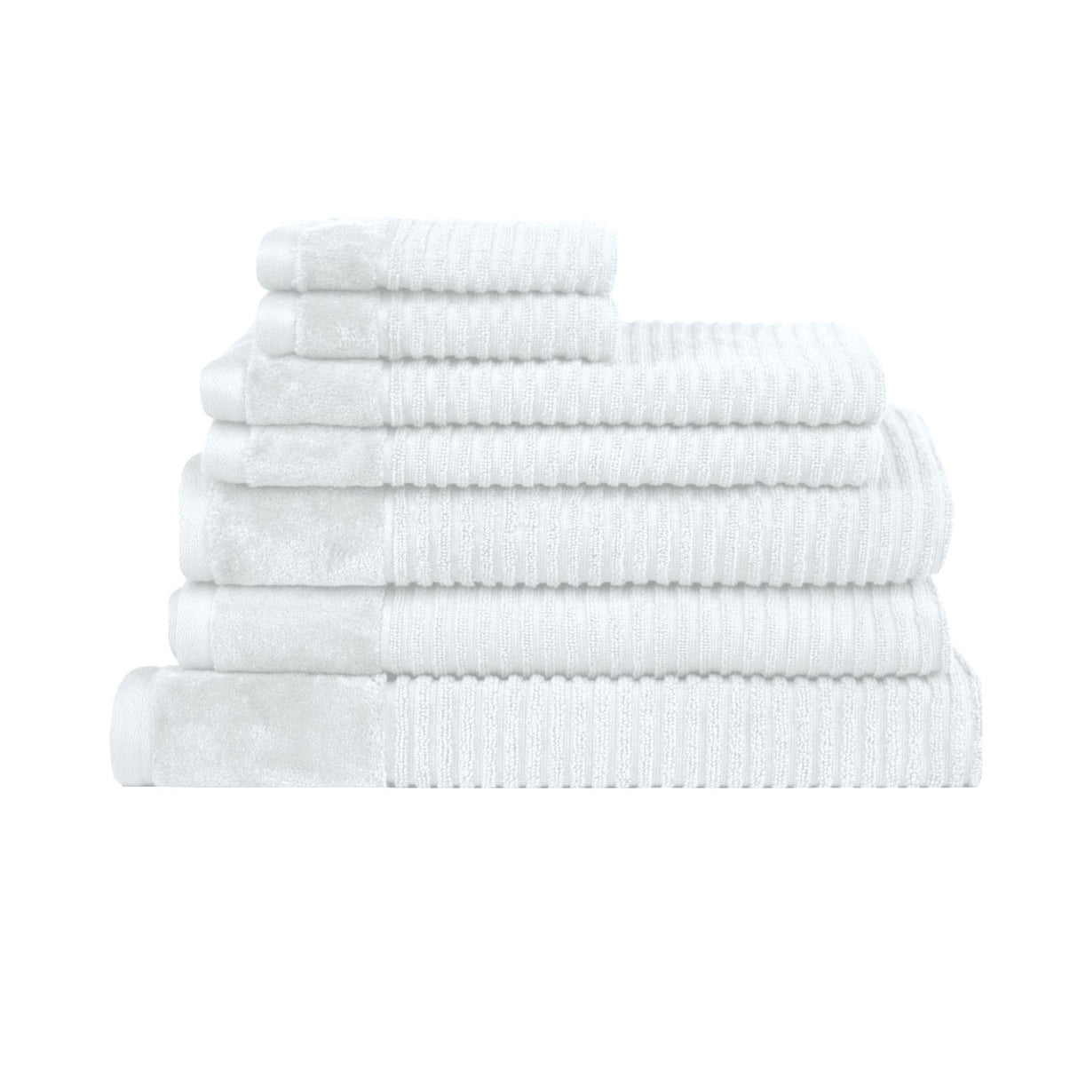 White striped cotton seven piece towel set with bath towels, hand towels, face washers and bath mat