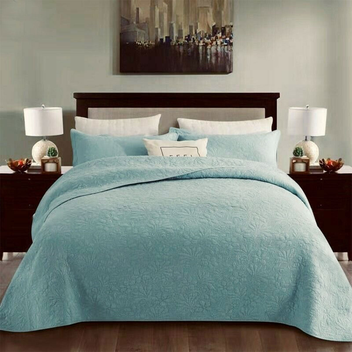 Withington turquoise floral cotton quilted coverlet set king