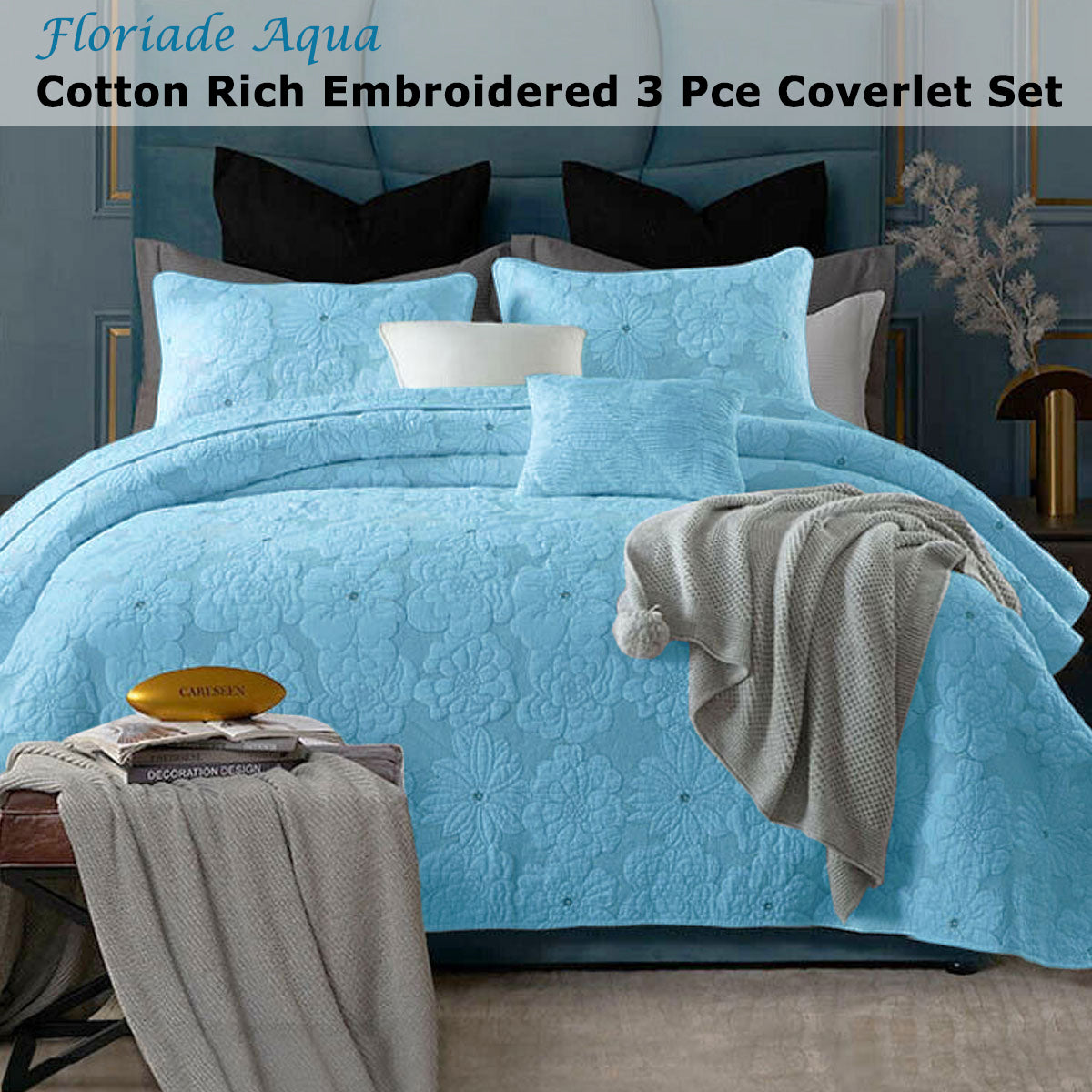 Elmore Floriade Cotton Rich Coverlet Set, Aqua Queen