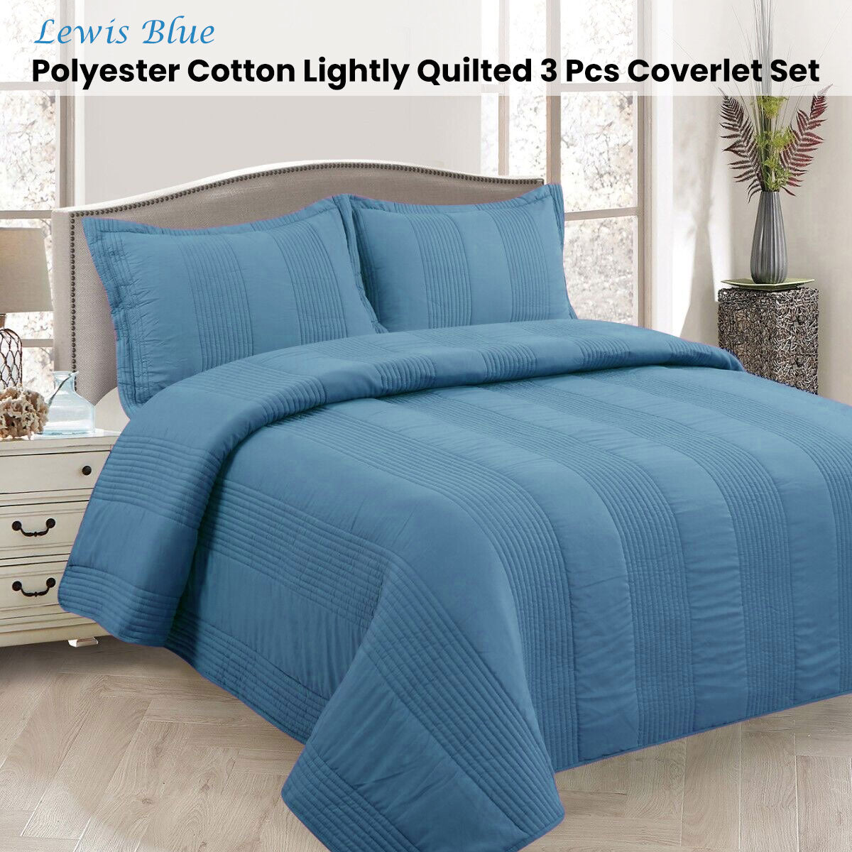 Arlington 3pcs Lightly Quilted Coverlet Set, Queen, Blue