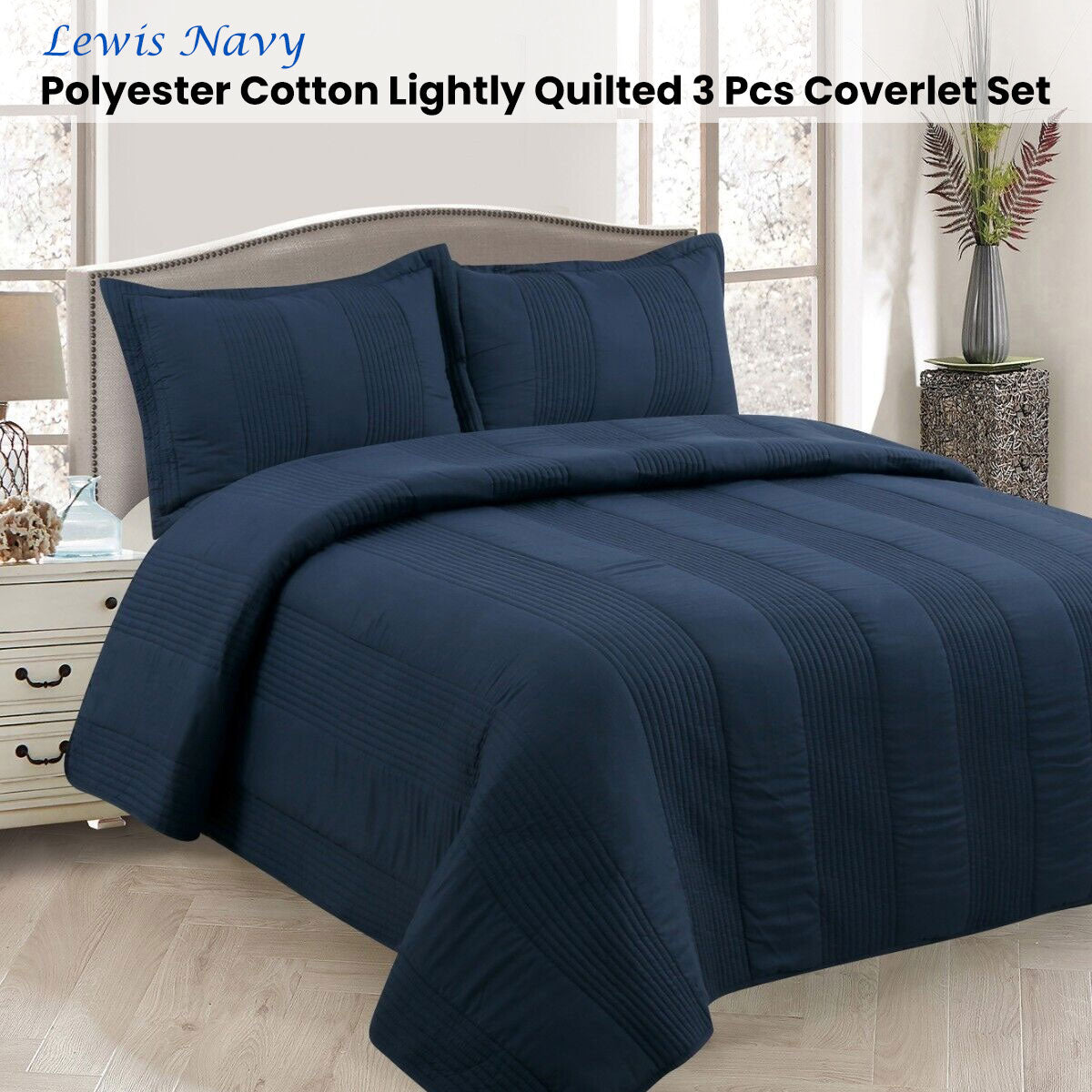 Arlington 3pcs Lightly Quilted Coverlet Set, Queen, Navy
