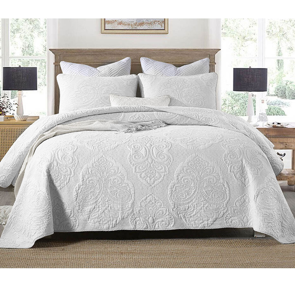Ampney white damask cotton rich quilted coverlet set king