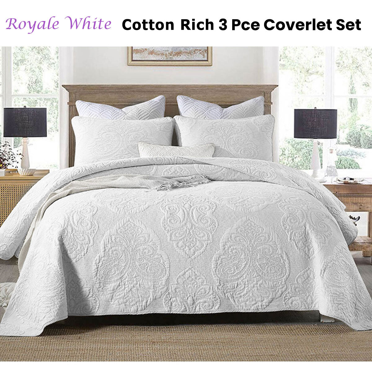Ampney Damask Cotton Rich Coverlet Set, King, White