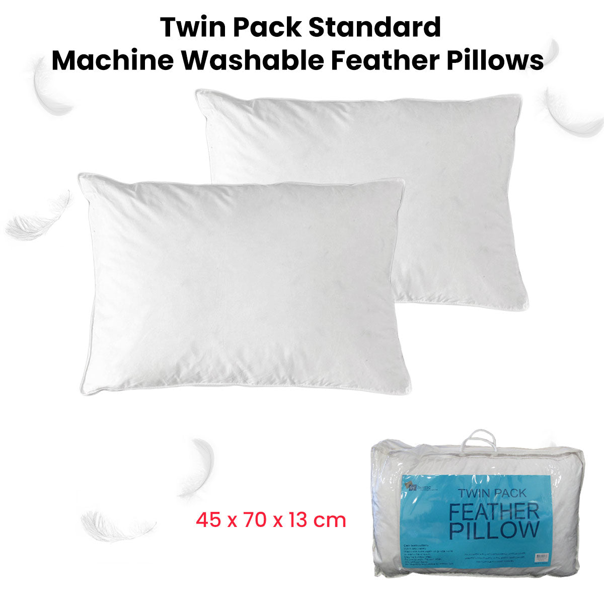 At Home Standard Feather Pillows — Pack of 2, 45x70cm, Machine Washable — Allure Home Collections