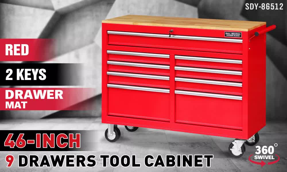 Tool Chest Cabinet Trolley, 9 Drawers Red