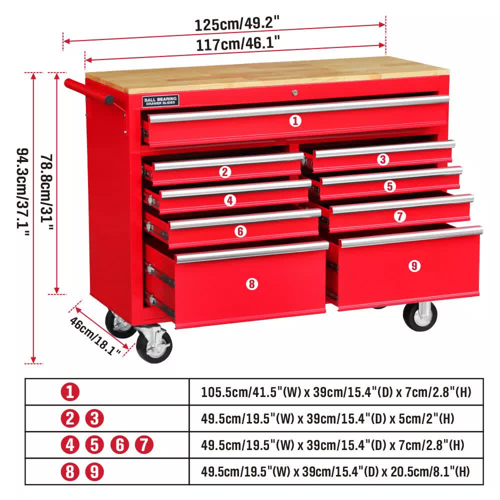 Tool Chest Cabinet Trolley, 9 Drawers Red
