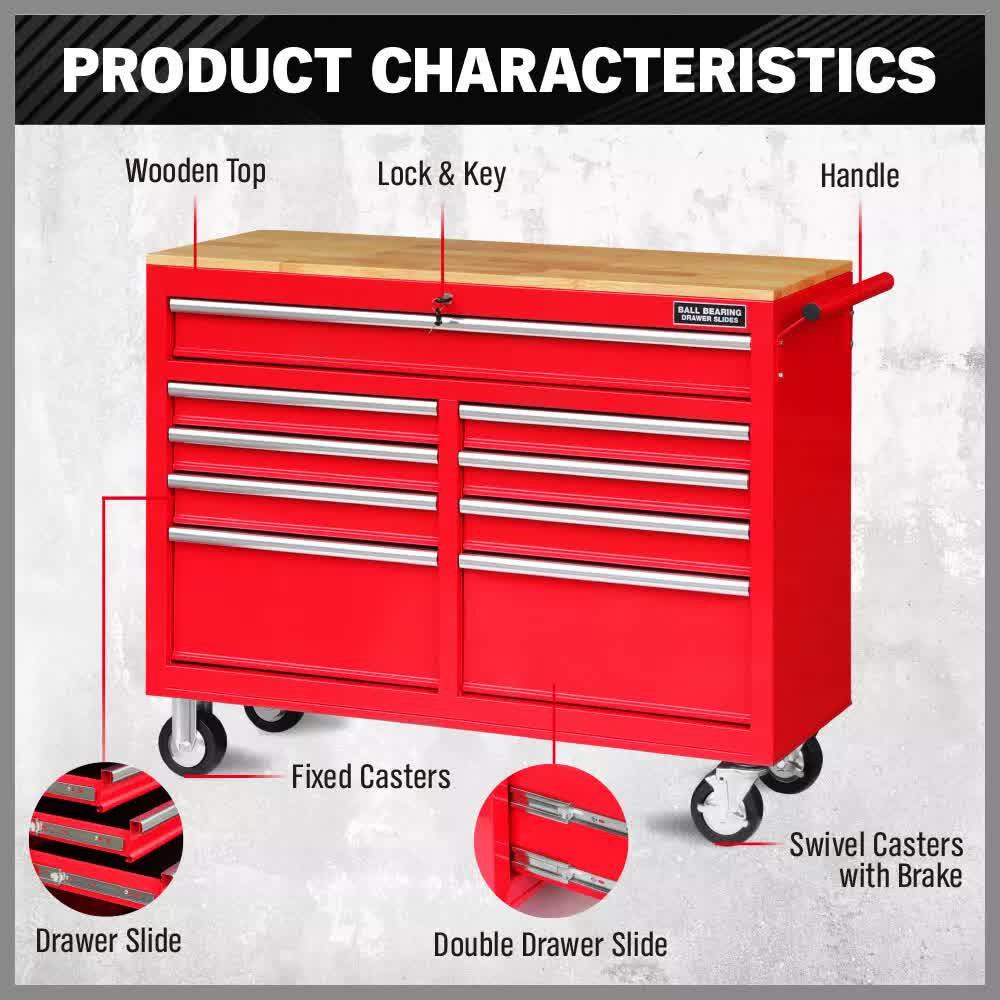 Tool Chest Cabinet Trolley, 9 Drawers Red