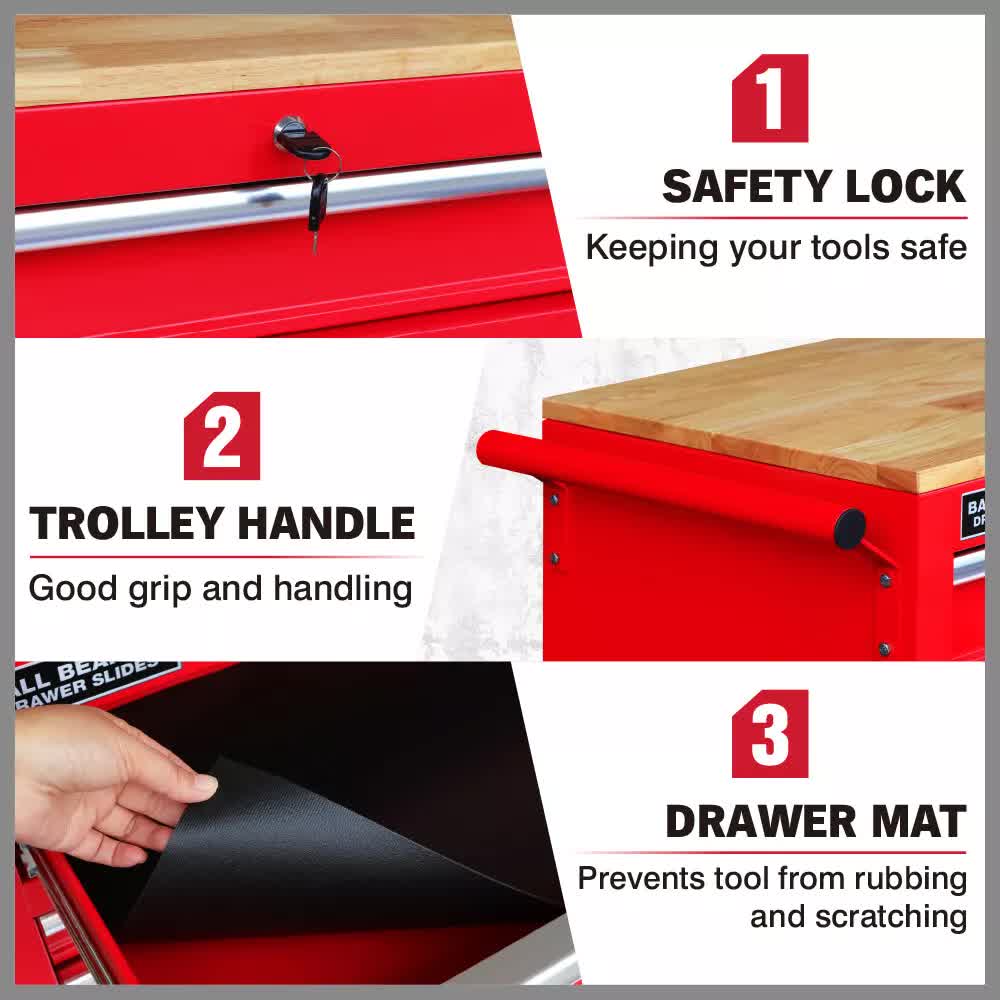 Tool Chest Cabinet Trolley, 9 Drawers Red