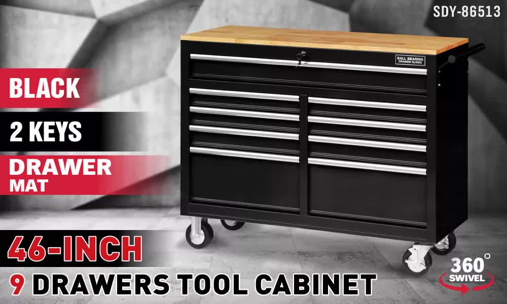 Tool Chest Cabinet Trolley, 9 Drawers Black