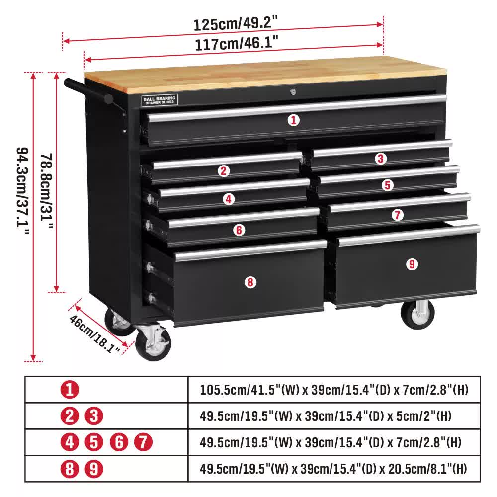 Tool Chest Cabinet Trolley, 9 Drawers Black