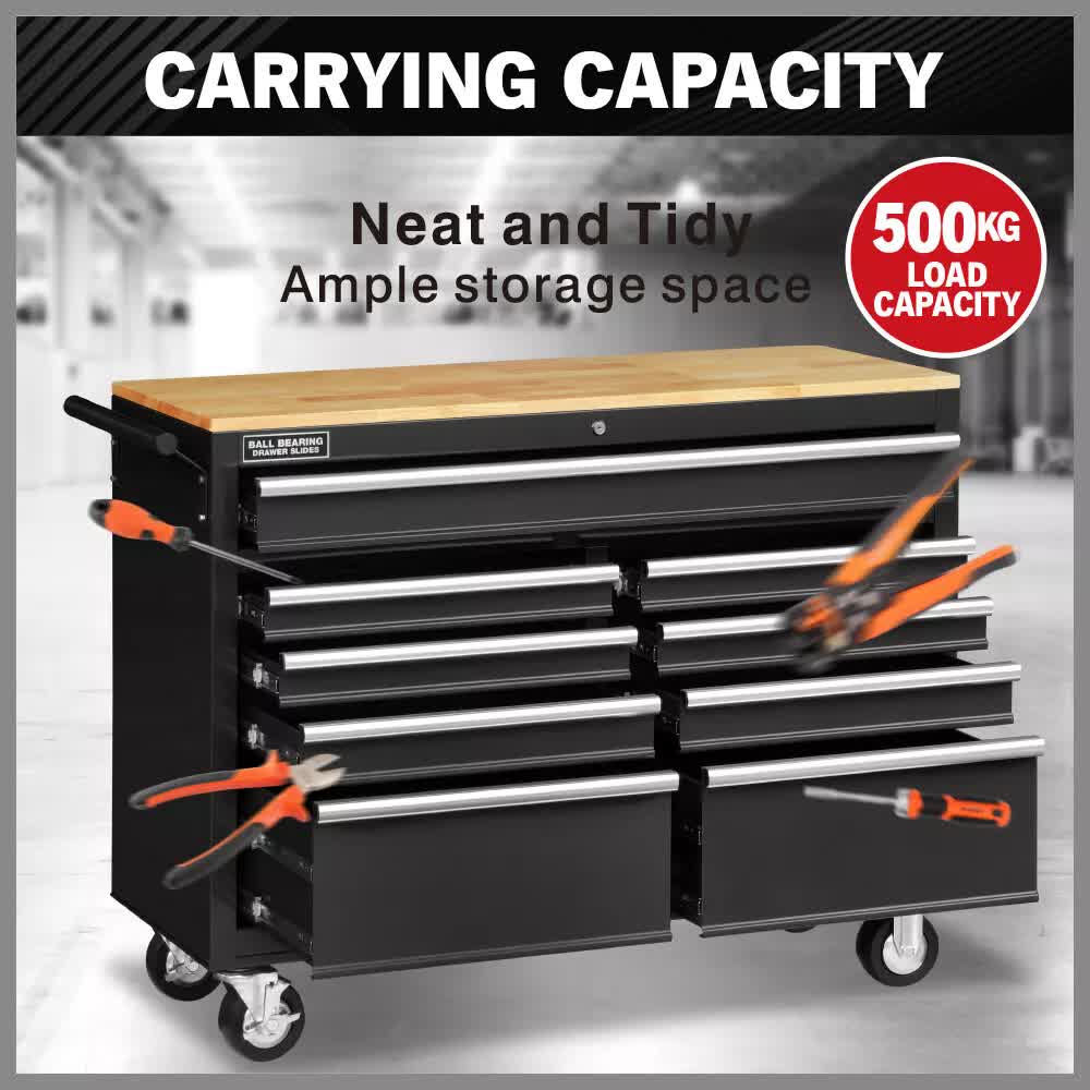 Tool Chest Cabinet Trolley, 9 Drawers Black