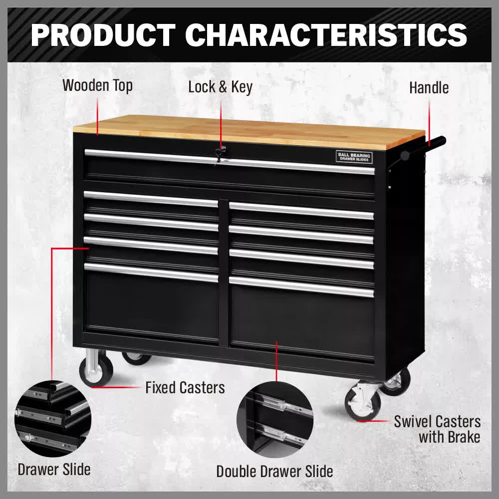 Tool Chest Cabinet Trolley, 9 Drawers Black