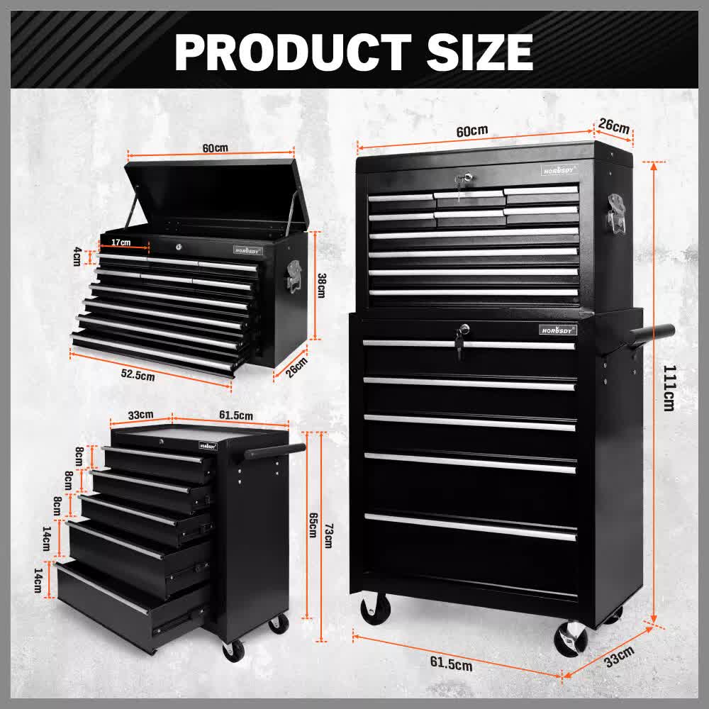 Tool Chest Trolley, 15 Drawers Black