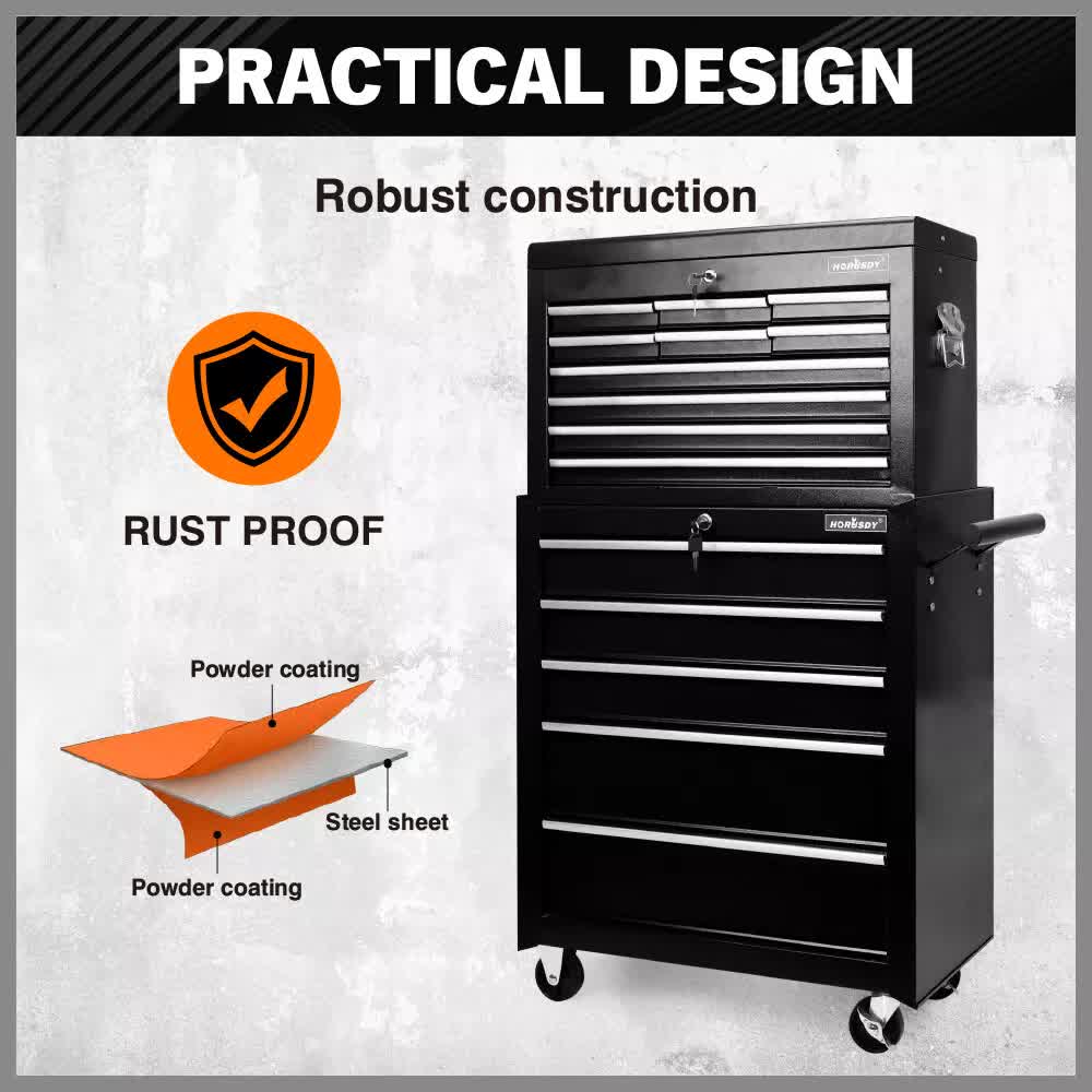 Tool Chest Trolley, 15 Drawers Black