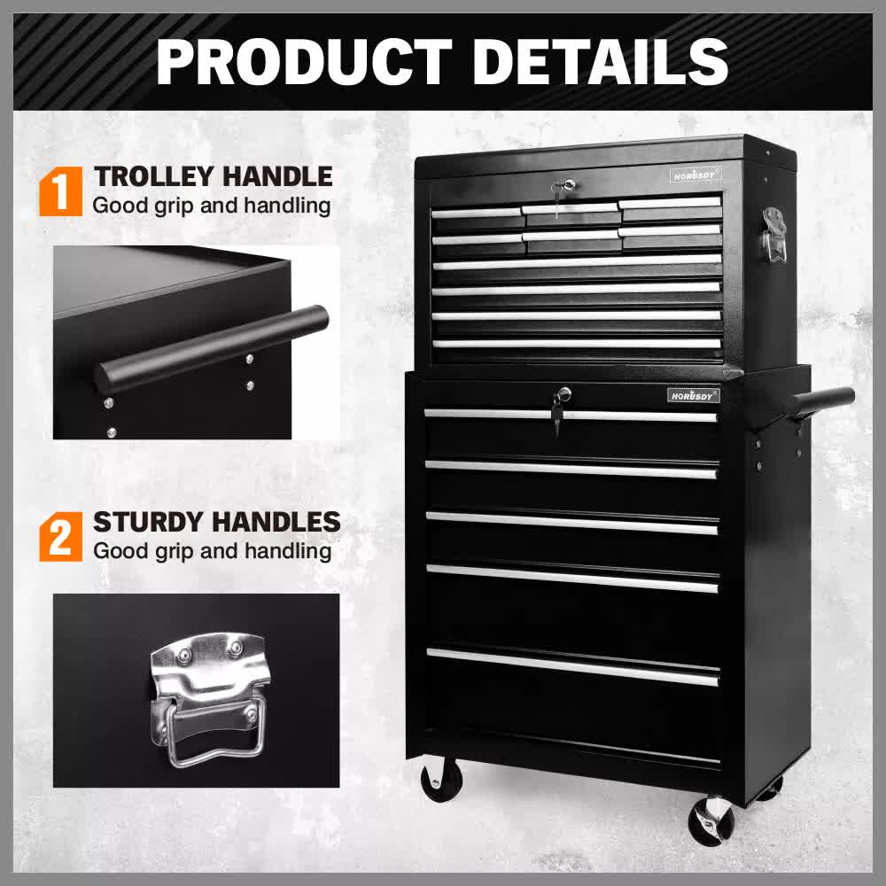 Tool Chest Trolley, 15 Drawers Black