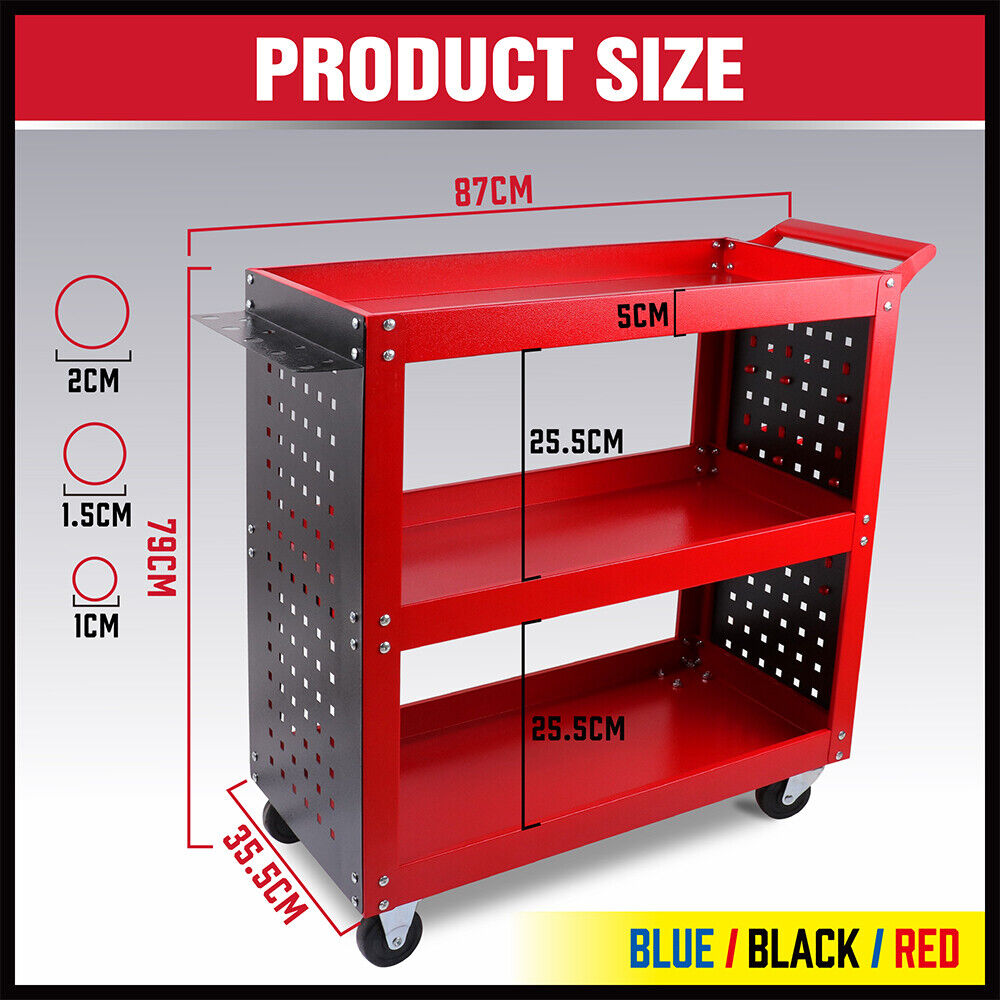 3 Tier Steel Tool Trolley Workshop Cart with Pegboard and Lockable Castors