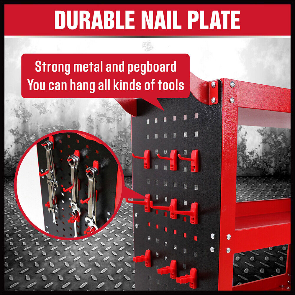 3 Tier Steel Tool Trolley Workshop Cart with Pegboard and Lockable Castors