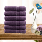 Set of six aubergine combed cotton hand towels, 500 GSM, 40 x 60 cm, folded with dobby border detail