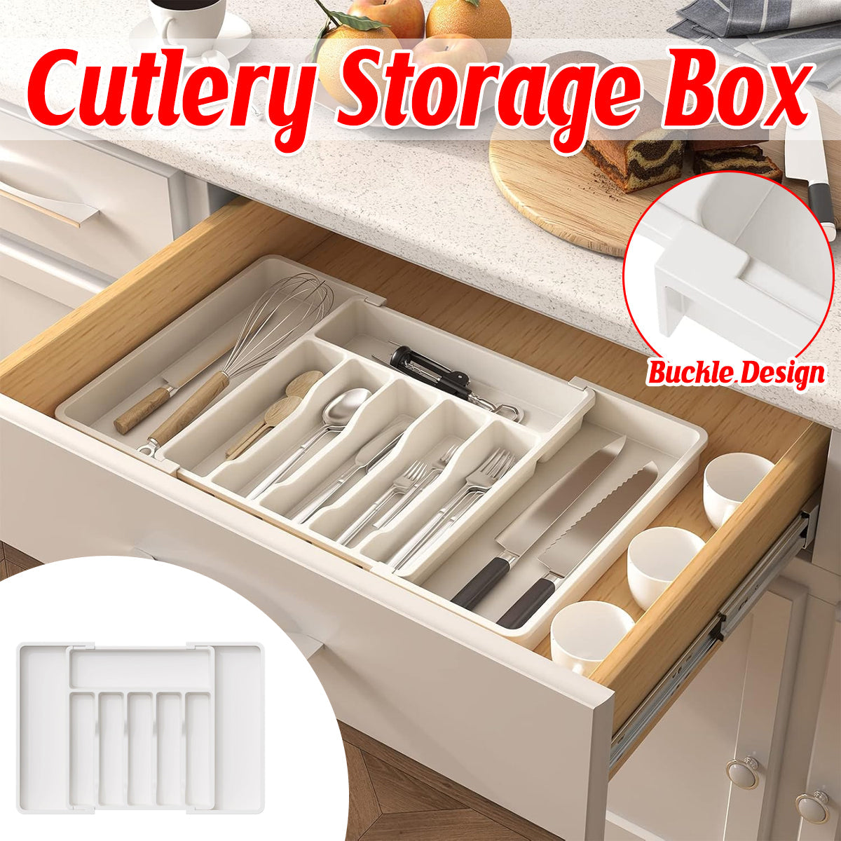 Brixham white telescopic cutlery drawer tray with eight compartments