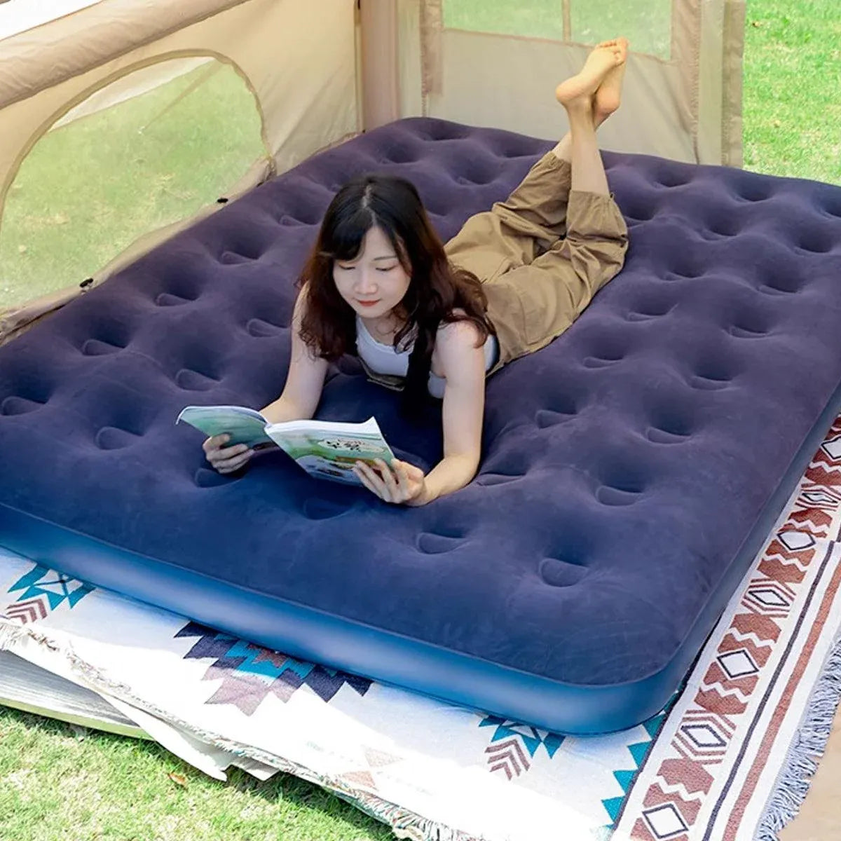 Hungabee Inflatable Airbed, Single 186x96cm Flocked Blue