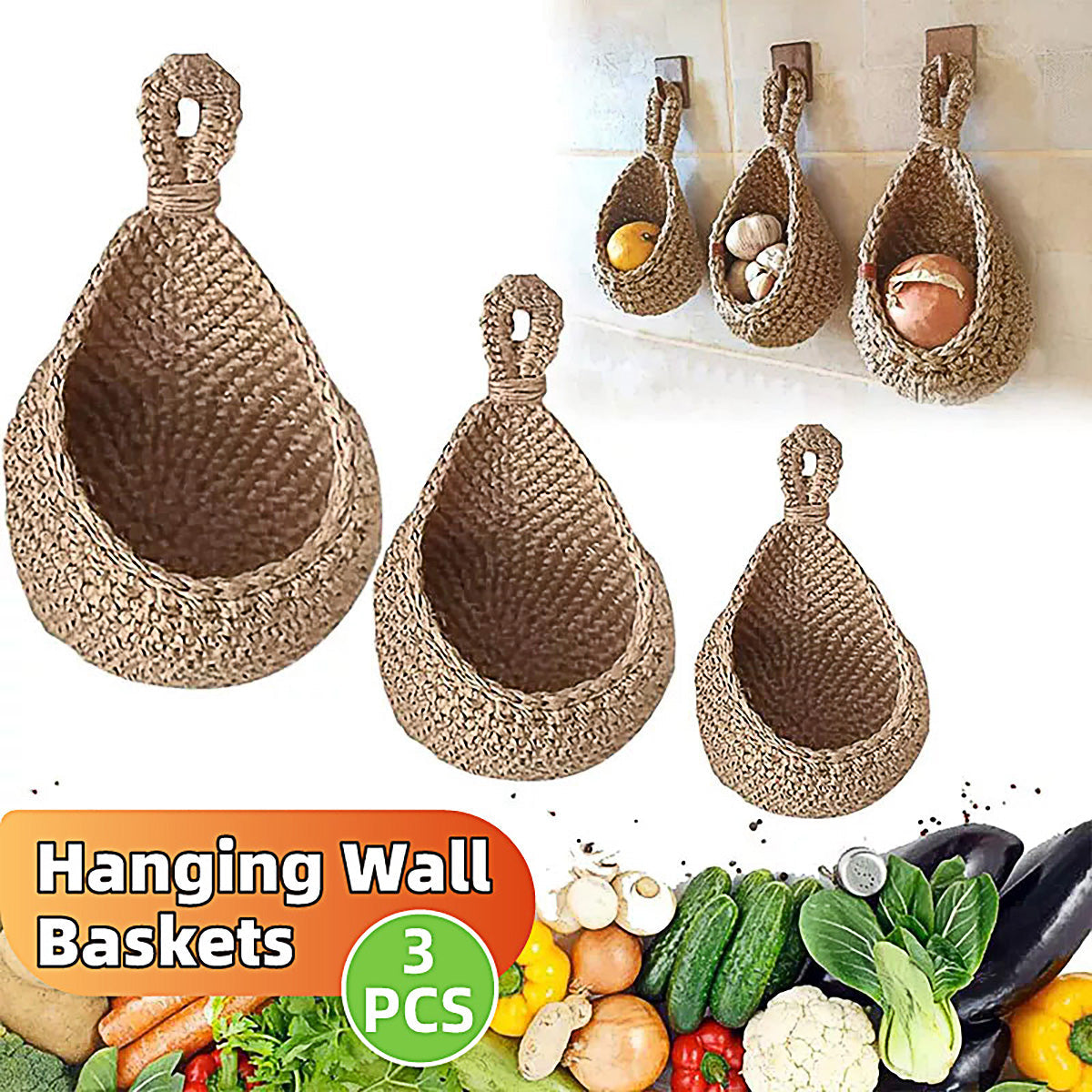 Woven Hanging Wall Storage Baskets, 3 Piece Set
