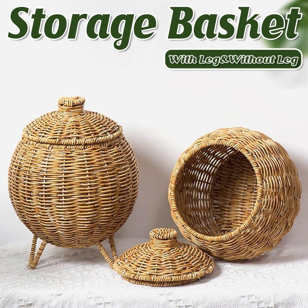 Hand woven rattan storage basket with lid, without legs