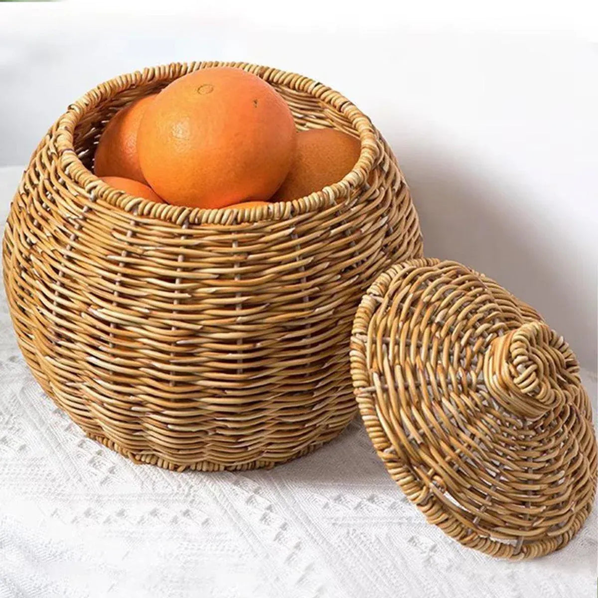 Hand woven rattan storage basket with lid, without legs