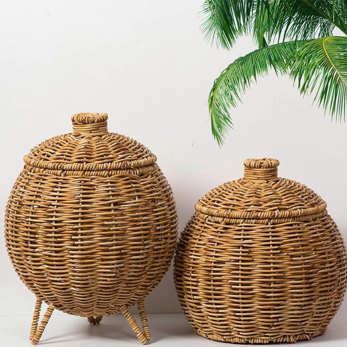 Hand woven rattan storage basket with lid, without legs