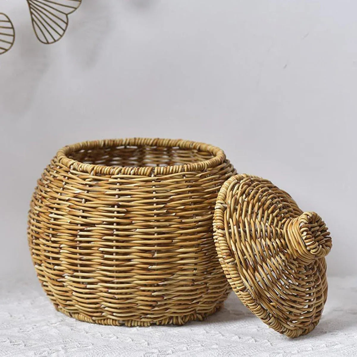 Hand woven rattan storage basket with lid, without legs