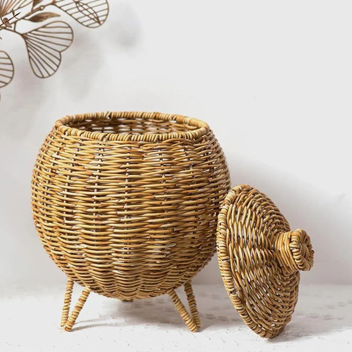 Hand woven rattan storage basket with lid, without legs
