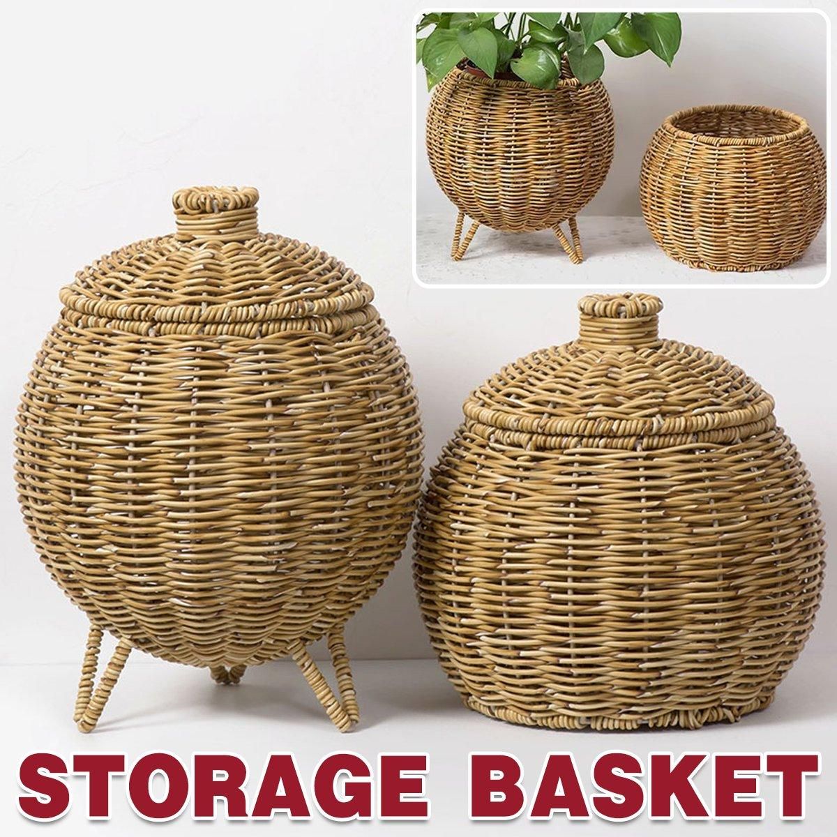 Hand woven rattan storage basket with lid, without legs