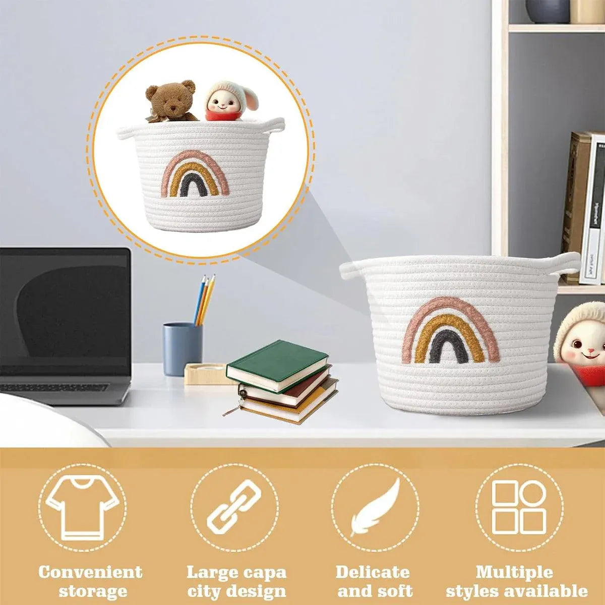 Rainbow cotton rope storage basket with handles - view 5