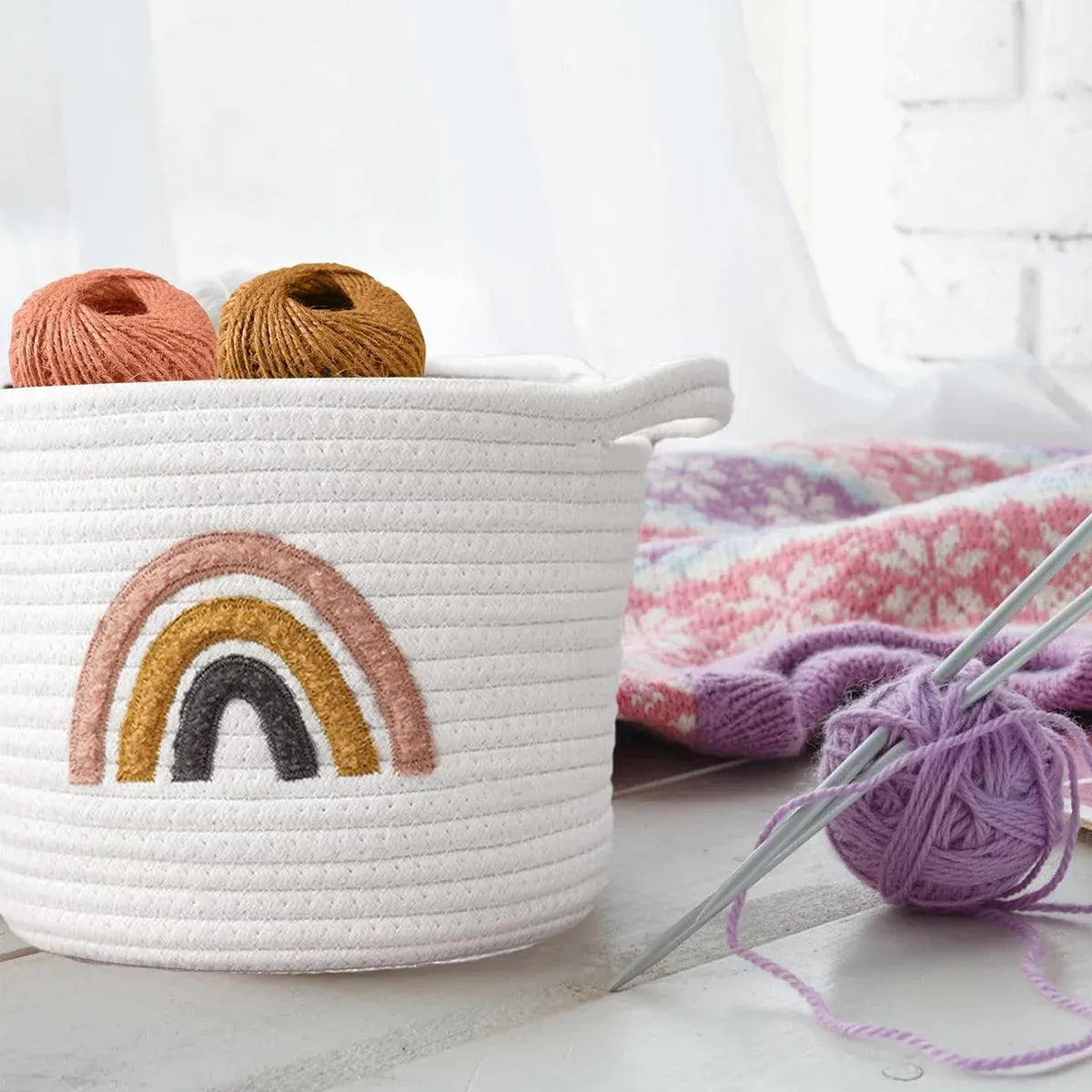 Rainbow cotton rope storage basket with handles - view 7