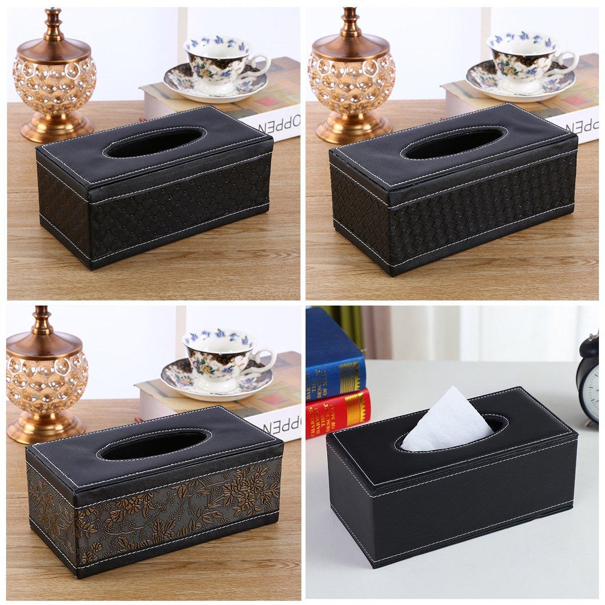 Woven black tissue box holder styled on a bathroom vanity