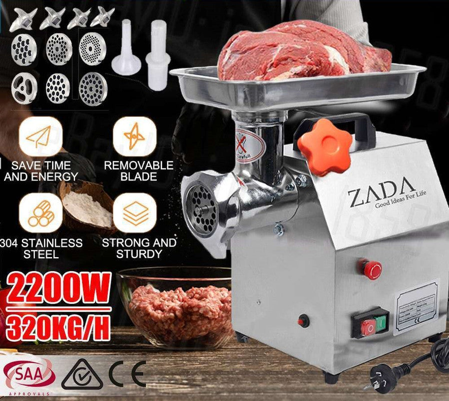Stainless steel commercial meat mincer with feeding tray, front view