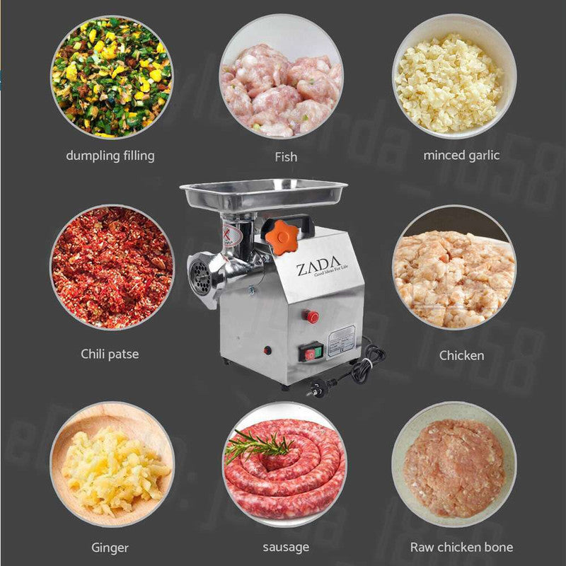 Dimensions view of the commercial meat mincer measuring 41 by 38.5 by 21.9 cm