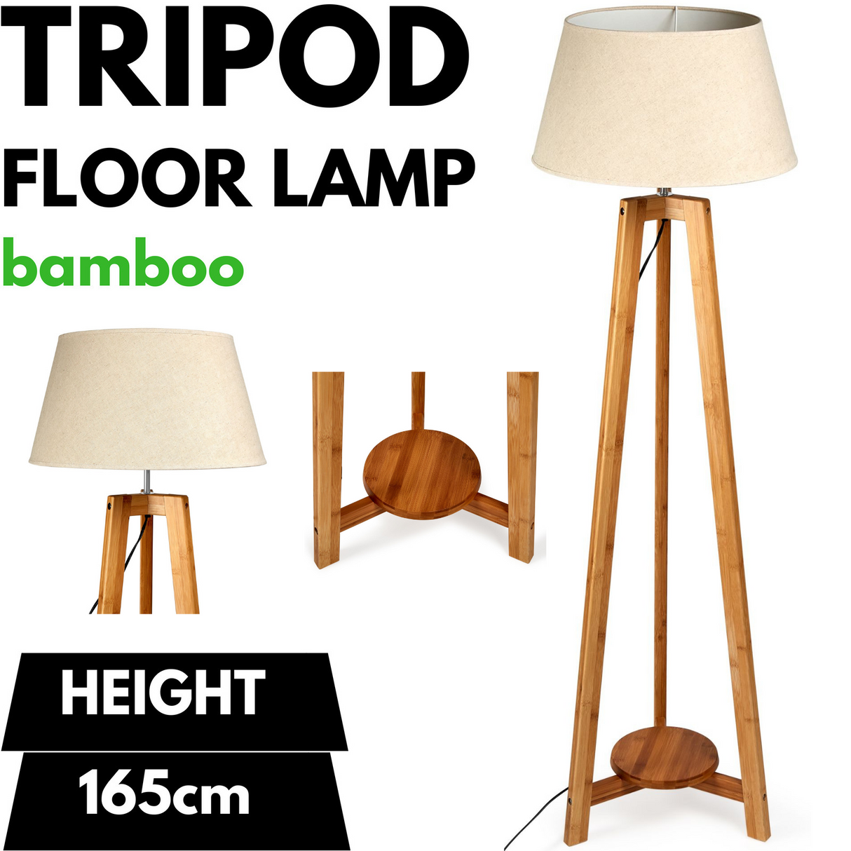 Bamboo tripod floor lamp with beige linen shade