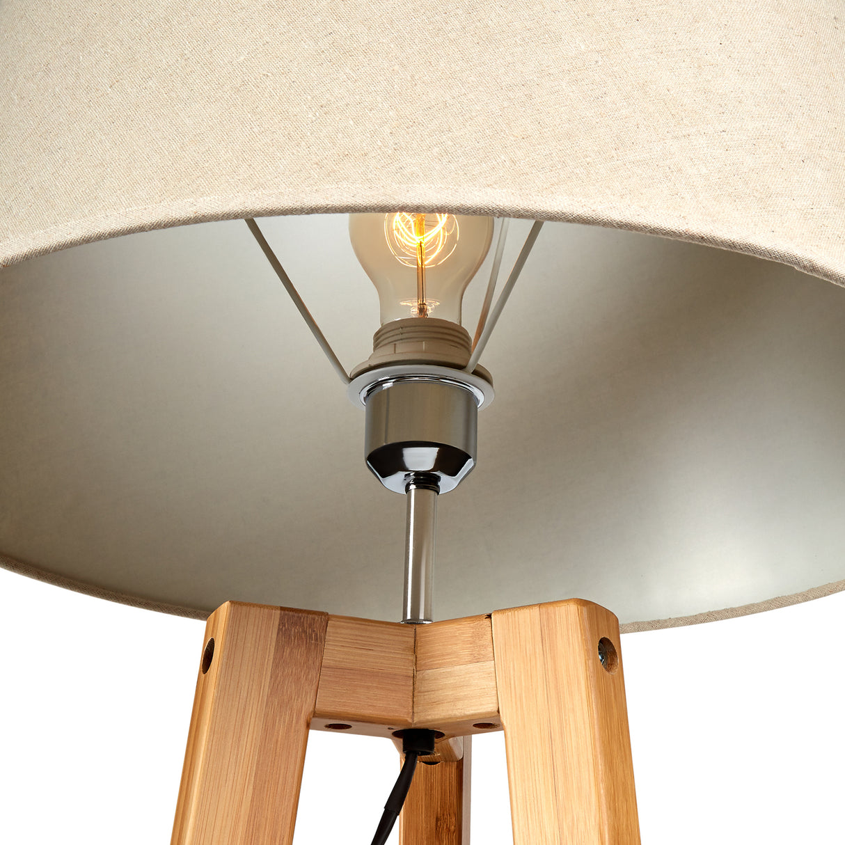 Bamboo tripod floor lamp with beige linen shade