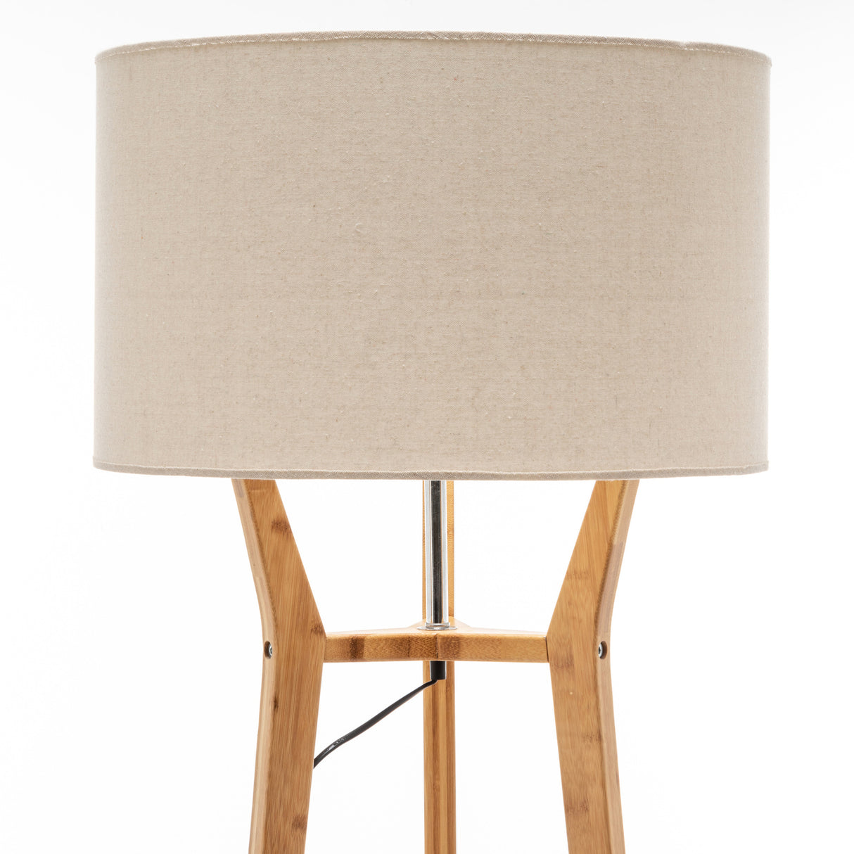 Bamboo tripod floor lamp with linen shade and storage shelves